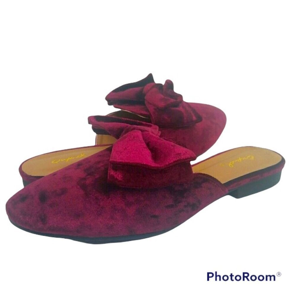 RED Wine 7 Crush Velvet Slip-On Slide Mule Slipper Bow Shoes Holiday Shoes MCM
